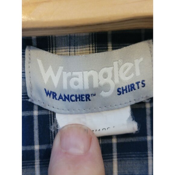 Wrangler Wrancher Pearl Snap Button Up Shirt Size XL Short Sleeve Blue Tan Plaid - Picture 4 of 5